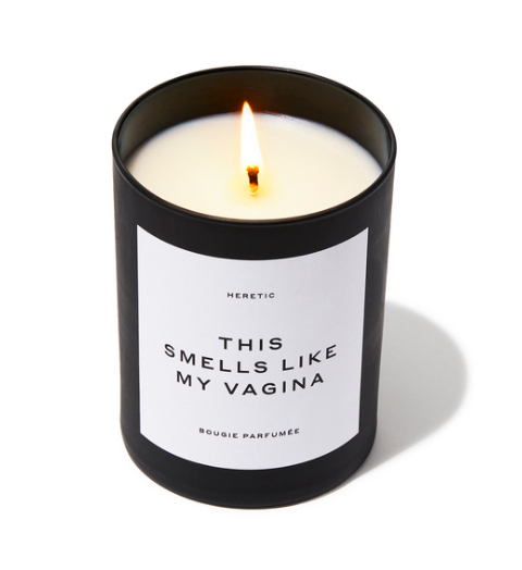 Picture of the candle with the name "This smells like my vagina" on the front.