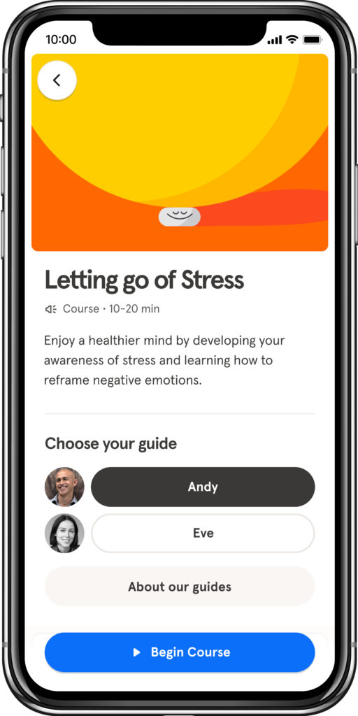 A screenshot of the Headspace user interface, showing bright colours of orange and yellow.
