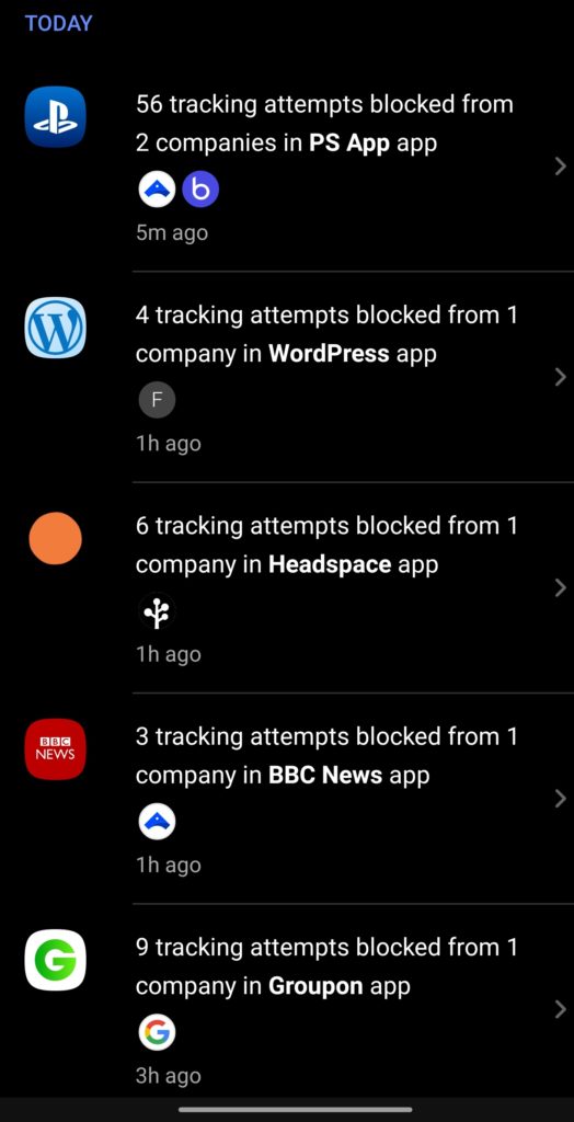 An overview of the latest trackers blocked by DuckDuckGo's App Tracking Protection on my phone